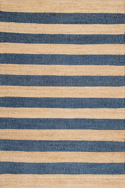 BLUE AND NATURAL STRIPES JUTE KILIM HAND WOVEN DHURRIE