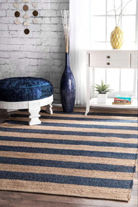 BLUE AND NATURAL STRIPES JUTE KILIM HAND WOVEN DHURRIE by Imperial Knots - Image 2