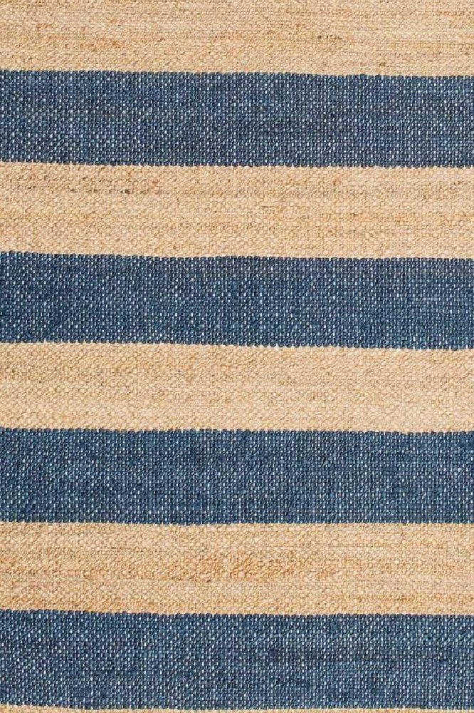 BLUE AND NATURAL STRIPES JUTE KILIM HAND WOVEN DHURRIE