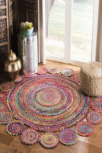 Multicolor round chindi hand woven dhurrie cotton hand-woven rug for kids room