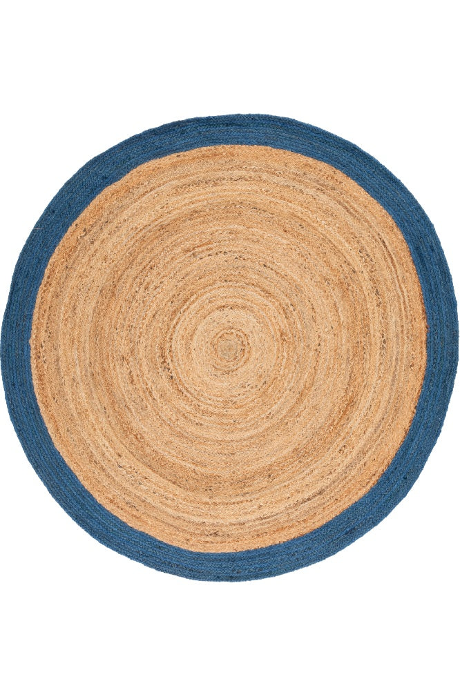 BLUE AND NATURAL ROUND JUTE HAND WOVEN DHURRIE