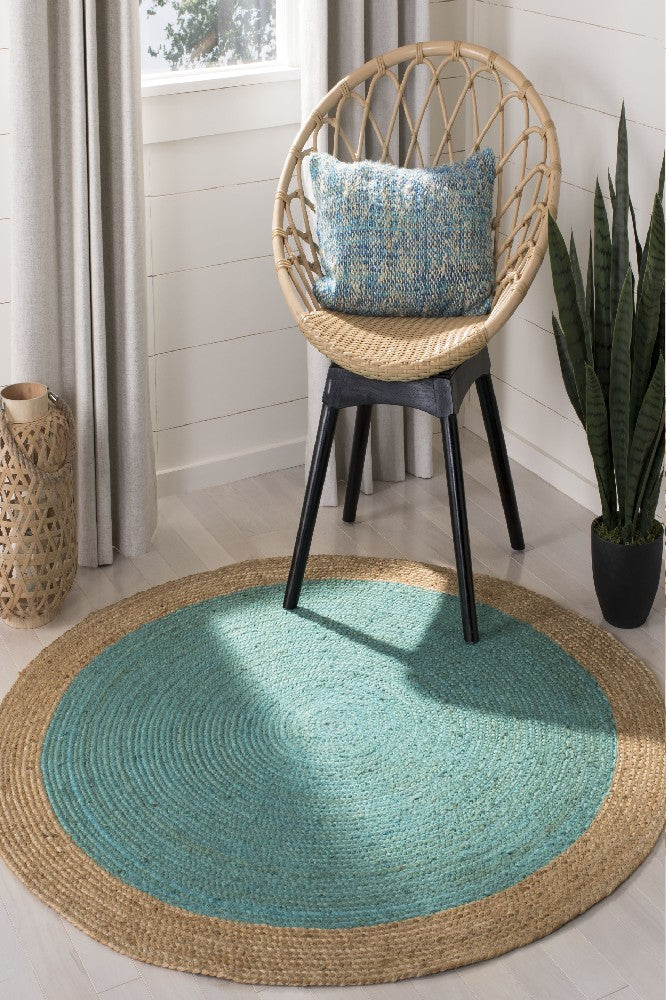 TEAL AND NATURAL ROUND JUTE HAND WOVEN DHURRIE