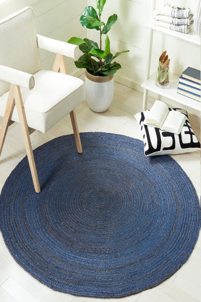 BLUE ROUND JUTE HAND WOVEN DHURRIE