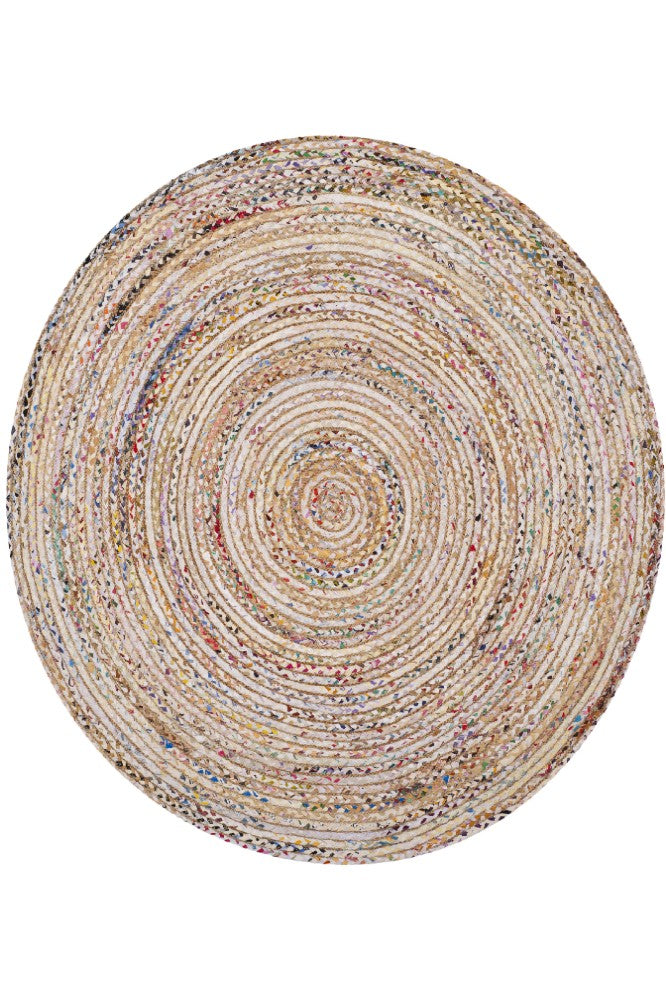 MULTICOLOR CHINDI AND JUTE ROUND HAND WOVEN DHURRIE
