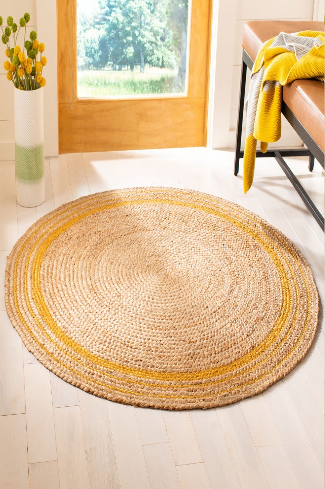 YELLOW AND NATURAL ROUND JUTE HAND WOVEN DHURRIE
