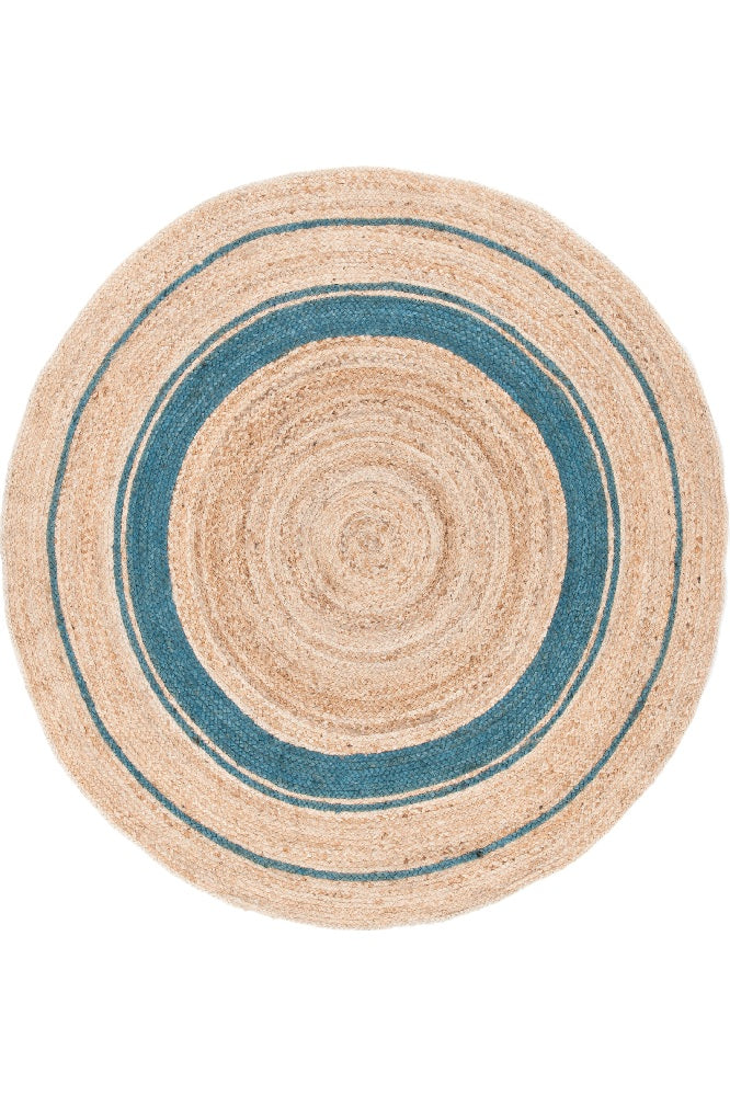 BLUE AND NATURAL ROUND JUTE HAND WOVEN DHURRIE