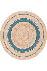 BLUE AND NATURAL ROUND JUTE HAND WOVEN DHURRIE by Imperial Knots - Image 1