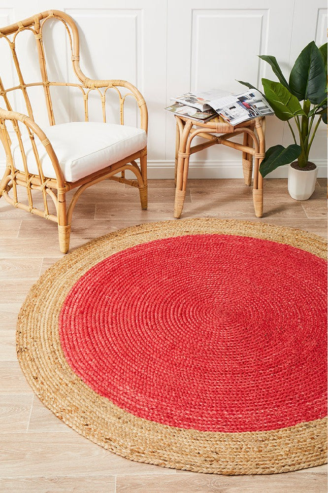 RED AND NATURAL ROUND JUTE HAND WOVEN DHURRIE