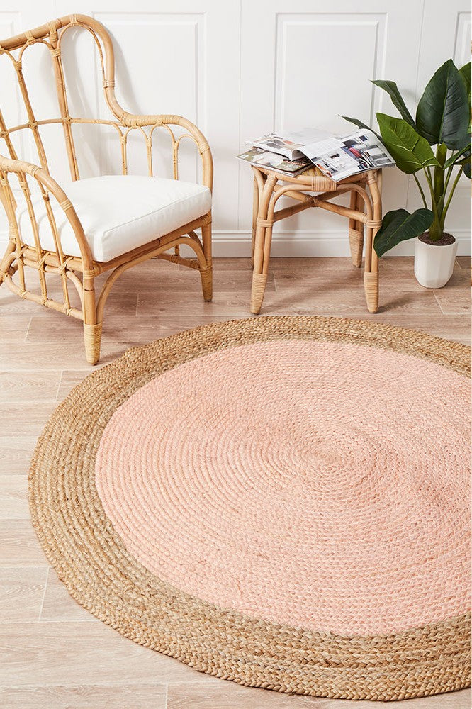 PINK AND NATURAL ROUND JUTE HAND WOVEN DHURRIE