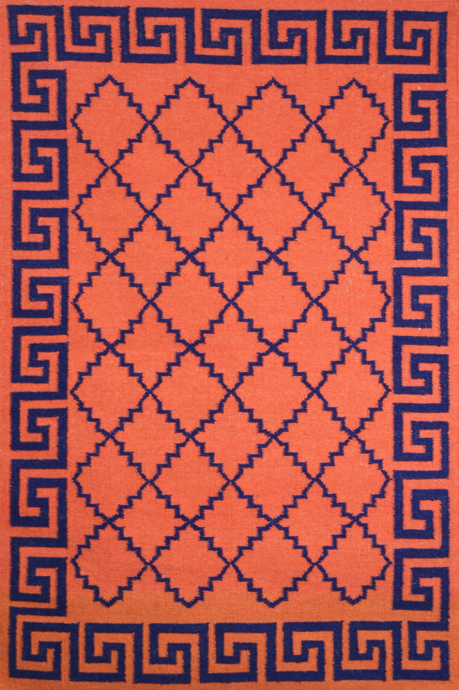 ORANGE AND BLUE GREEK KEY HAND WOVEN DHURRIE
