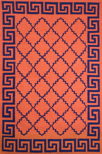 ORANGE AND BLUE GREEK KEY HAND WOVEN DHURRIE by Imperial Knots - Image 1