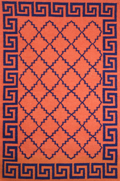ORANGE AND BLUE GREEK KEY HAND WOVEN DHURRIE