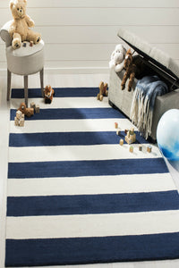 BLUE AND IVORY STRIPES HAND TUFTED CARPET by Imperial Knots - Image 2