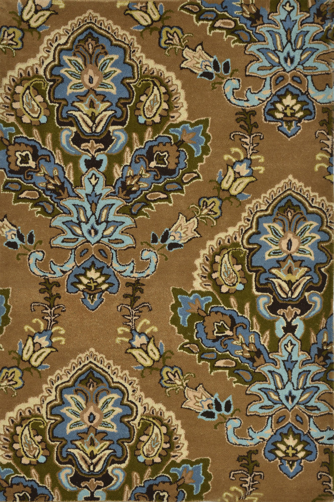 BROWN AND BLUE DAMASK HAND TUFTED CARPET