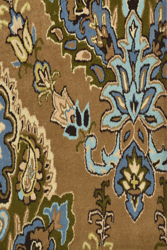 BROWN AND BLUE DAMASK HAND TUFTED CARPET
