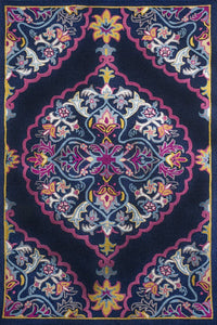 NAVY BLUE AND PINK MEDALLION HAND TUFTED CARPET by Imperial Knots - Image 1