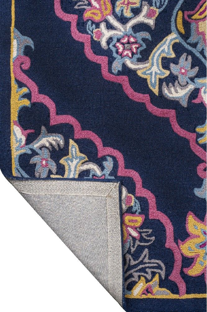 NAVY BLUE AND PINK MEDALLION HAND TUFTED CARPET