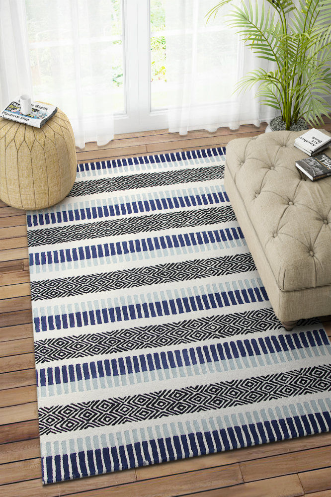 IVORY AND BLUE STRIPES HAND TUFTED CARPET