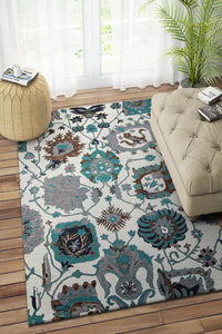 IVORY AND TEAL SUZANI HAND TUFTED CARPET by Imperial Knots - Image 2
