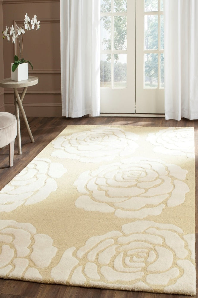 YELLOW AND IVORY FLORAL HAND TUFTED CARPET