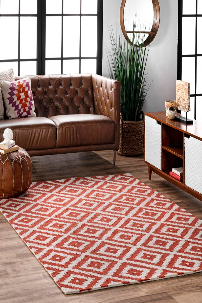 RED AND WHITE PIXEL GEOMETRIC HAND TUFTED CARPET