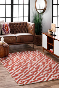 RED AND WHITE PIXEL GEOMETRIC HAND TUFTED CARPET by Imperial Knots - Image 2