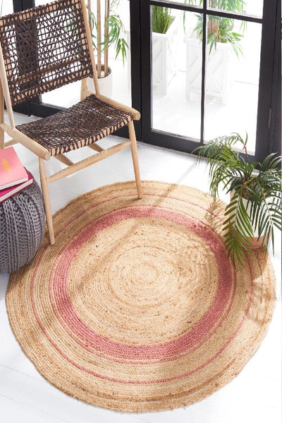 PINK AND NATURAL ROUND JUTE HAND WOVEN DHURRIE
